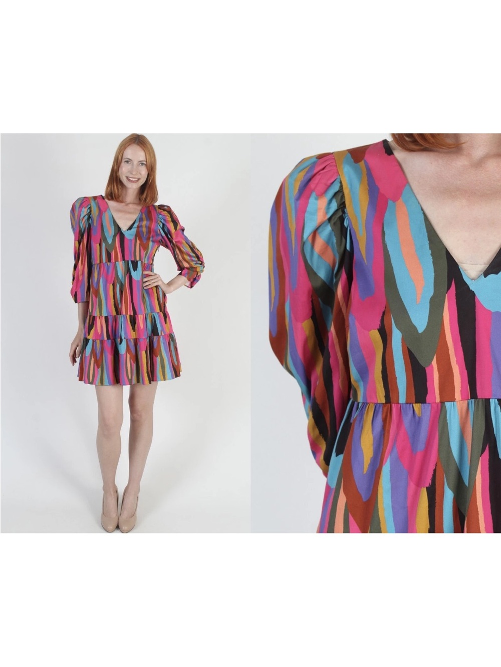 Crosby By Mollie Burch Dress Tiered Side Zip Colorful Cocktail Party Mini Dress